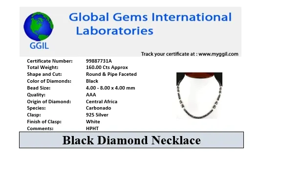 4 mm Black Diamond Beads Necklace With Pipe Shaped and Pearl Beads. AAA Certified Beads- Ideal Gift for Anniversary, Birthday