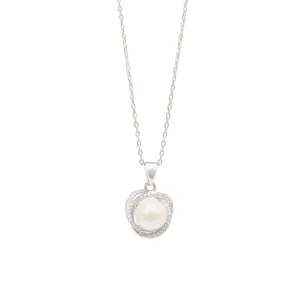 45cm Freshwater Pearl & Cubic Zirconia Halo Swirl Necklace in Sterling Silver