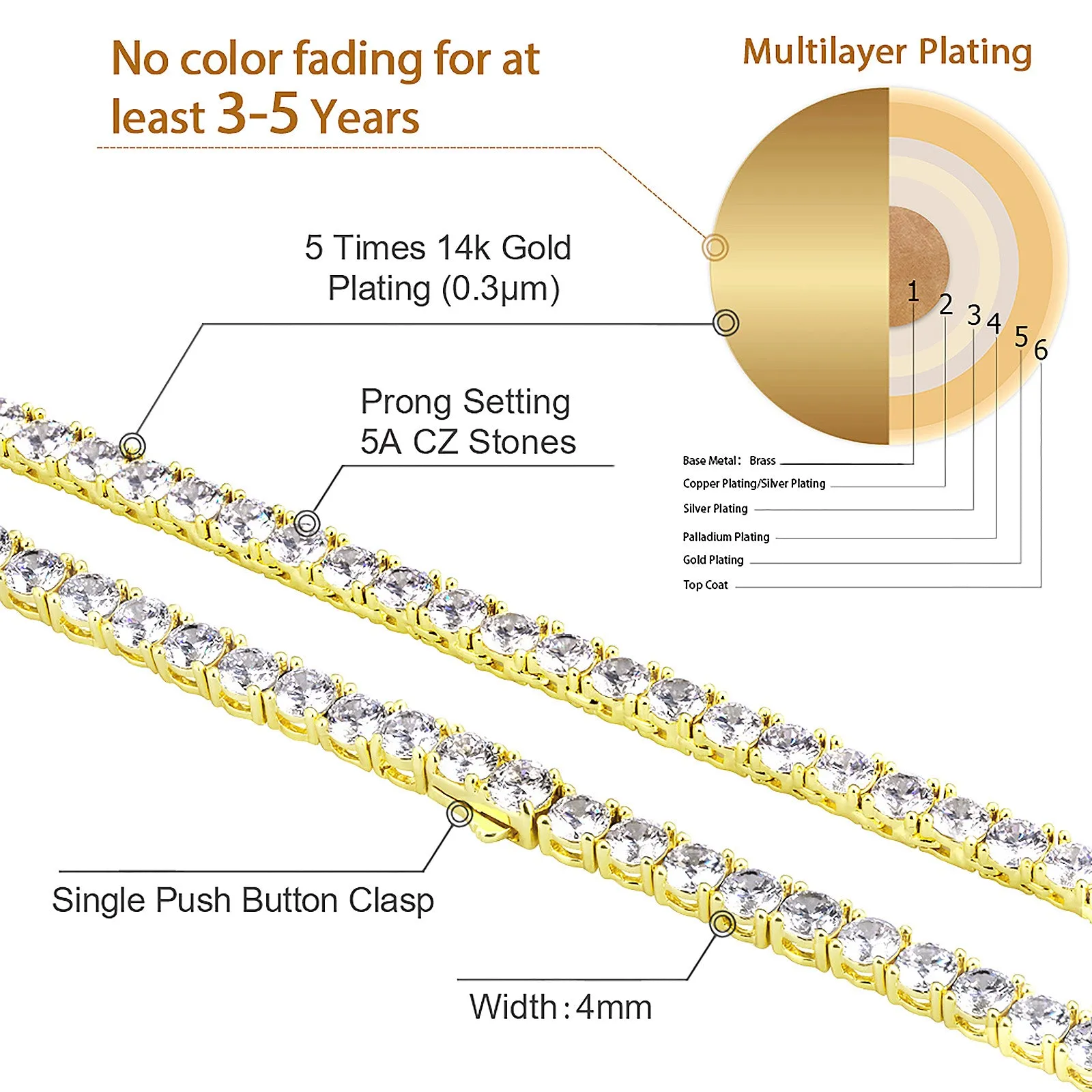 4mm 14K Gold CZ Diamond Mens Tennis Chain Necklace KRKC
