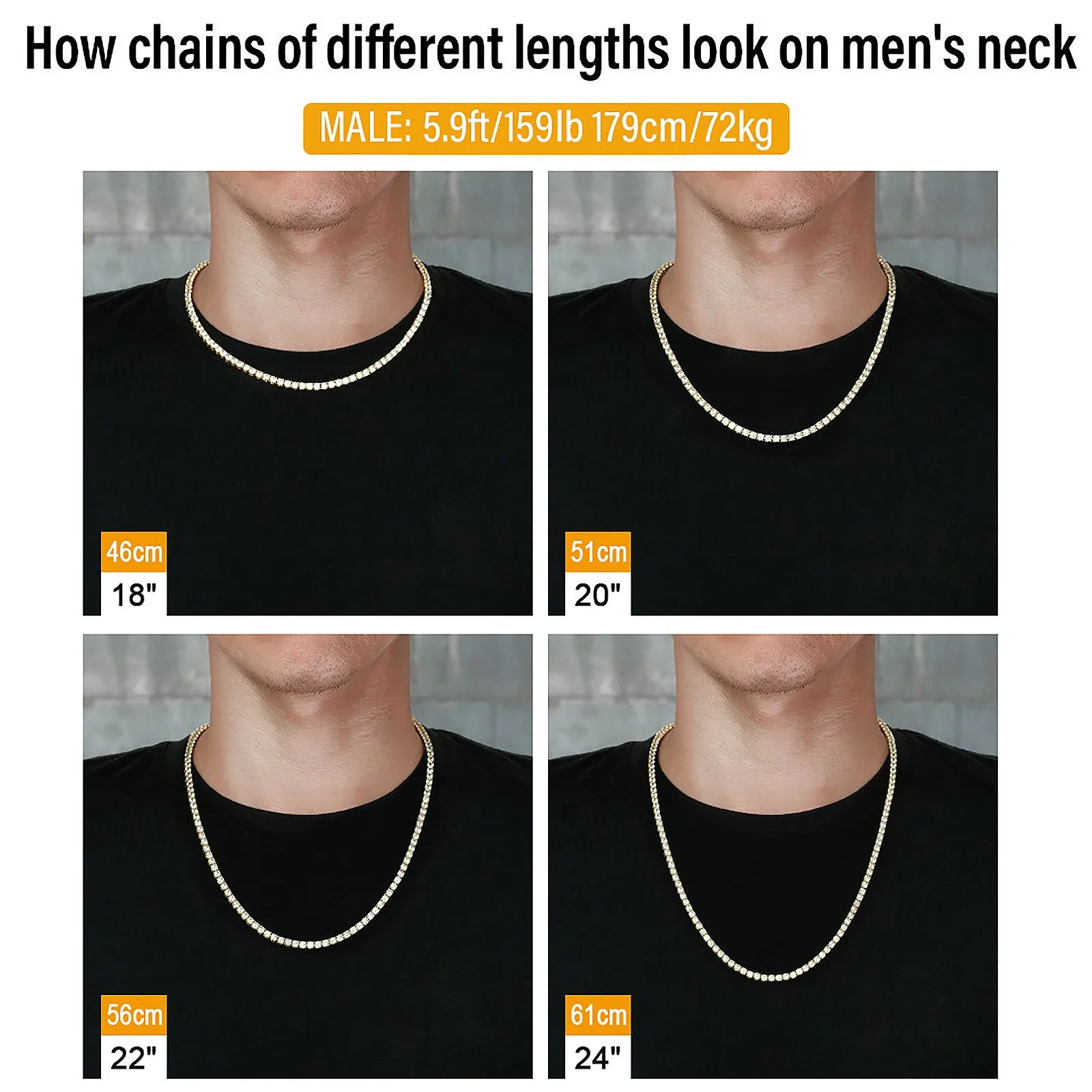 4mm 14K Gold CZ Diamond Mens Tennis Chain Necklace KRKC