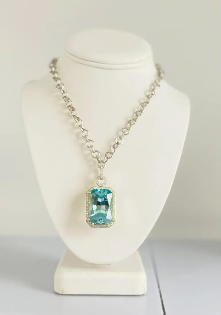 51.47 Carat Emerald-Cut Aquamarine and Diamond Enhancer Necklace in 18k Gold