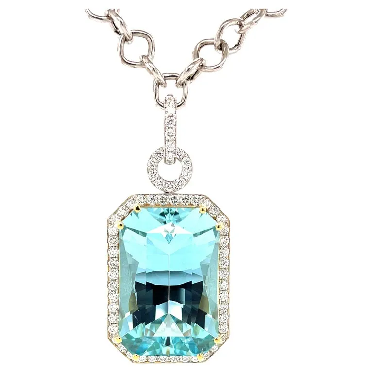 51.47 Carat Emerald-Cut Aquamarine and Diamond Enhancer Necklace in 18k Gold