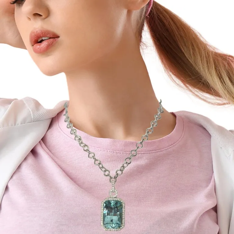 51.47 Carat Emerald-Cut Aquamarine and Diamond Enhancer Necklace in 18k Gold