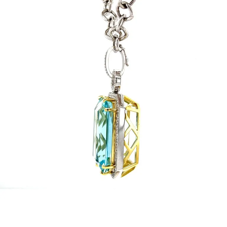 51.47 Carat Emerald-Cut Aquamarine and Diamond Enhancer Necklace in 18k Gold