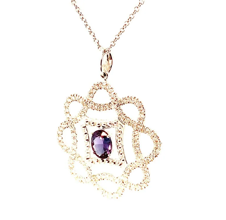 .53 ct. Alexandrite Oval, Diamond Set Open Frame 18k White Gold Pendant w/ Chain