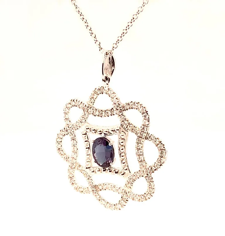 .53 ct. Alexandrite Oval, Diamond Set Open Frame 18k White Gold Pendant w/ Chain