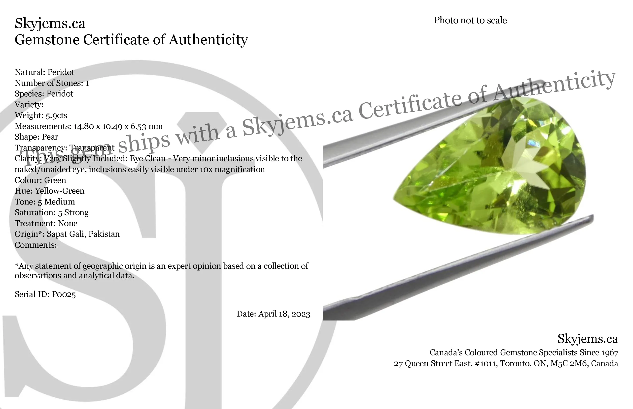 5.9ct Pear Yellow-Green Peridot