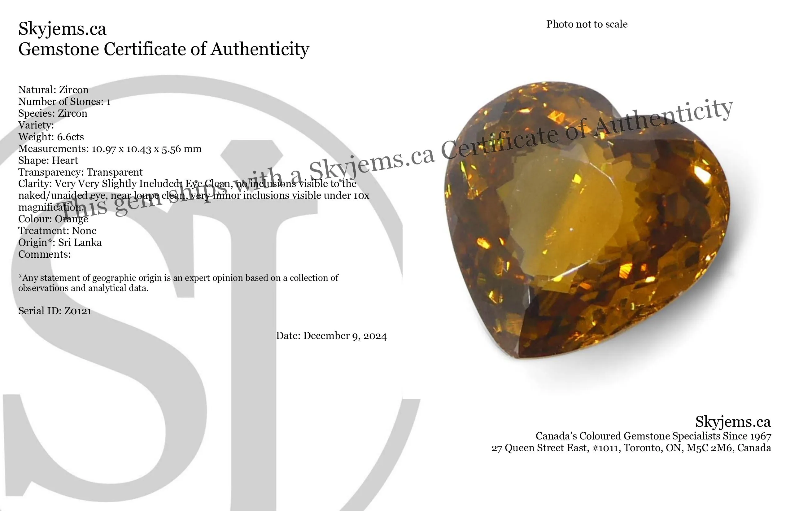 6.6ct Natural Earth Mined Heart Orange Zircon from Sri Lanka