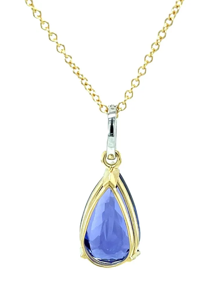 8.90 Carat Pear Shaped Tanzanite & Diamond Pave, White & Yellow Gold Necklace