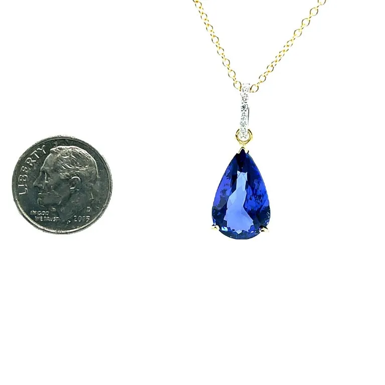 8.90 Carat Pear Shaped Tanzanite & Diamond Pave, White & Yellow Gold Necklace