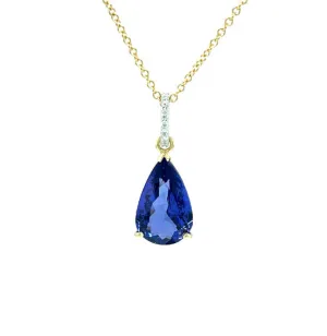 8.90 Carat Pear Shaped Tanzanite & Diamond Pave, White & Yellow Gold Necklace