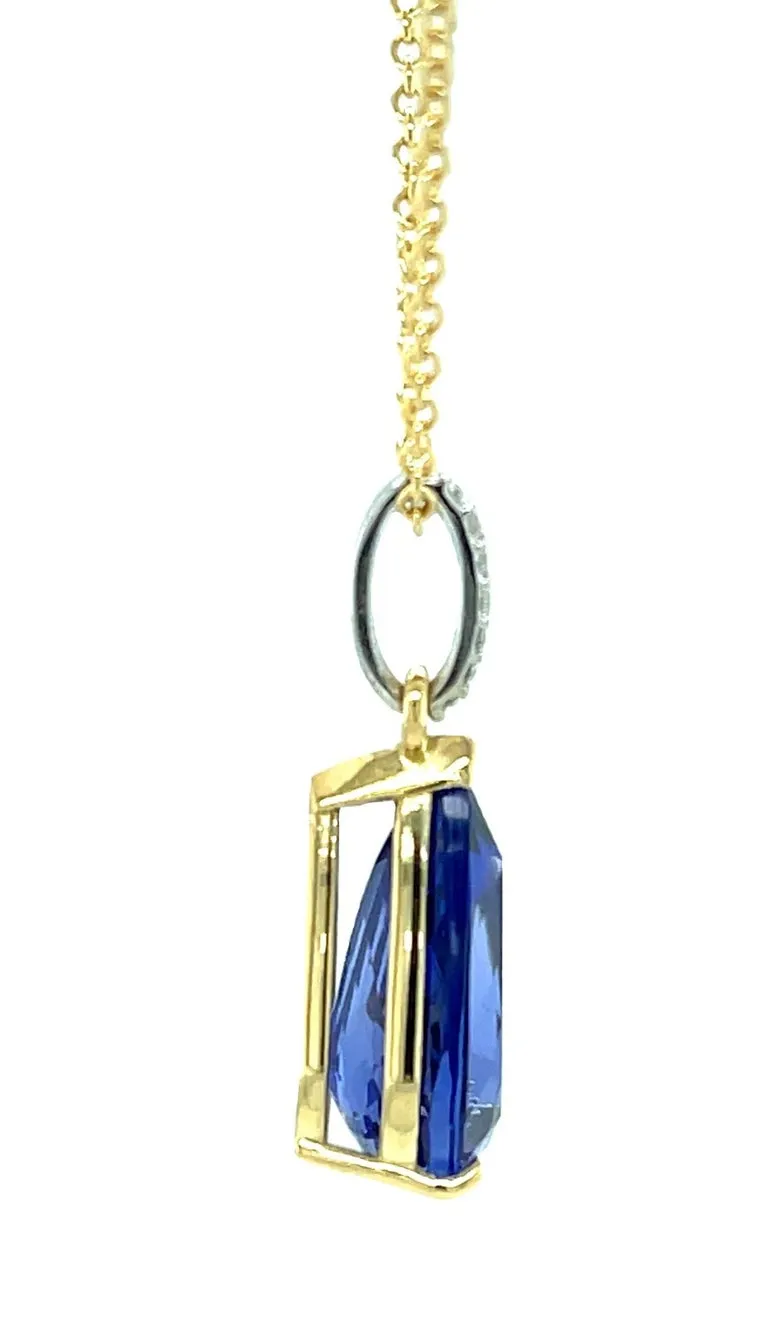 8.90 Carat Pear Shaped Tanzanite & Diamond Pave, White & Yellow Gold Necklace