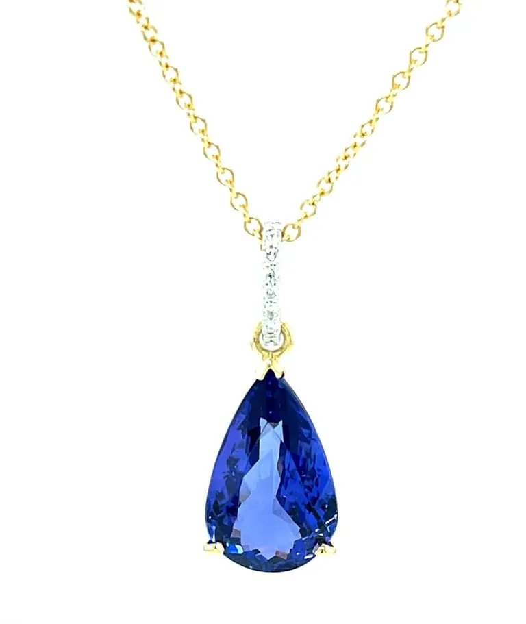 8.90 Carat Pear Shaped Tanzanite & Diamond Pave, White & Yellow Gold Necklace