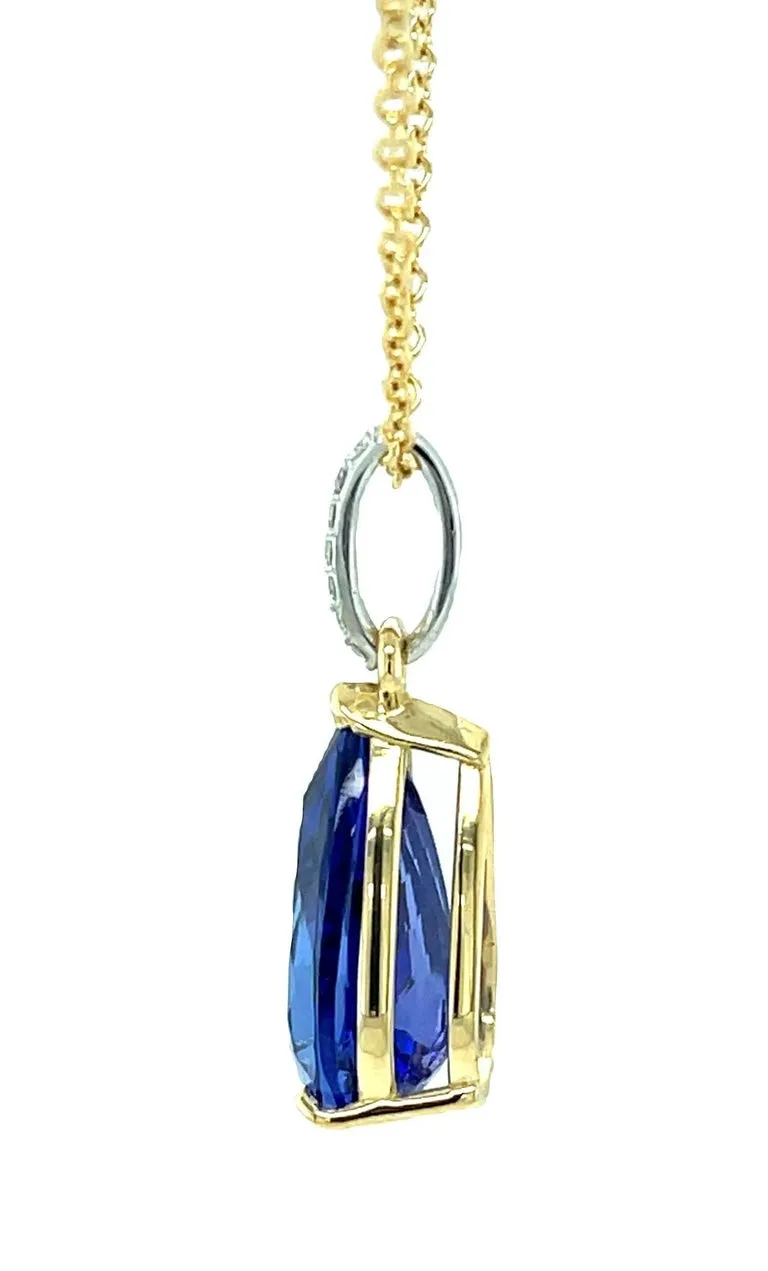 8.90 Carat Pear Shaped Tanzanite & Diamond Pave, White & Yellow Gold Necklace