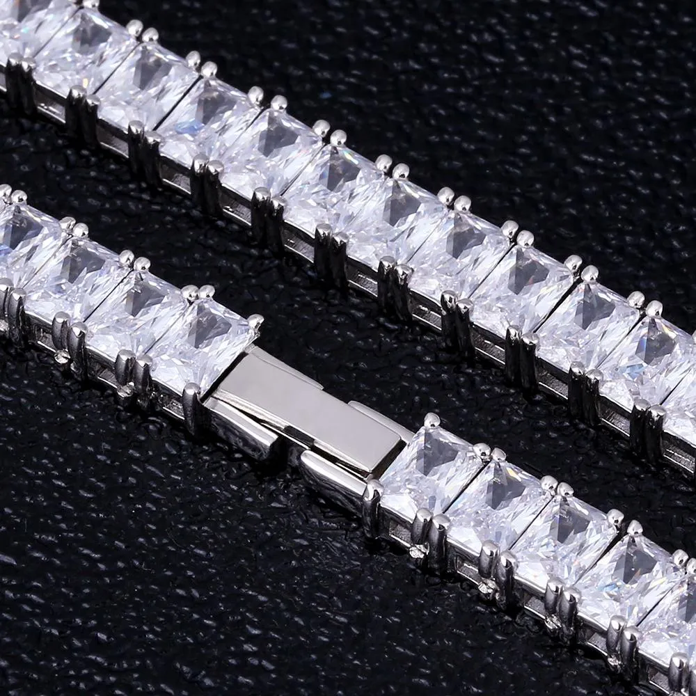8mm Baguette Cut CZ Diamond Tennis Chain in White Gold
