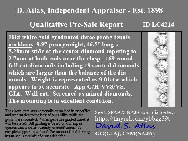 9.01ctw Round Brilliant Cut Diamond 3 Prong Tennis Necklace