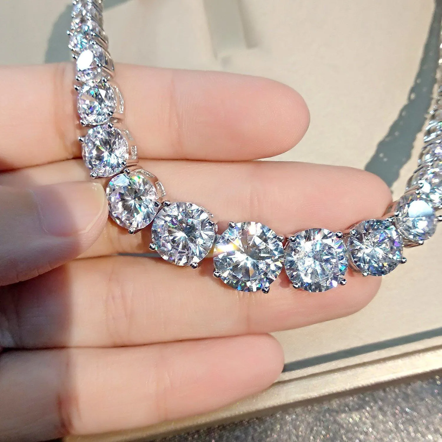 92 pcs Moissanite Diamond Tennis Necklace | Solid 18k White Gold
