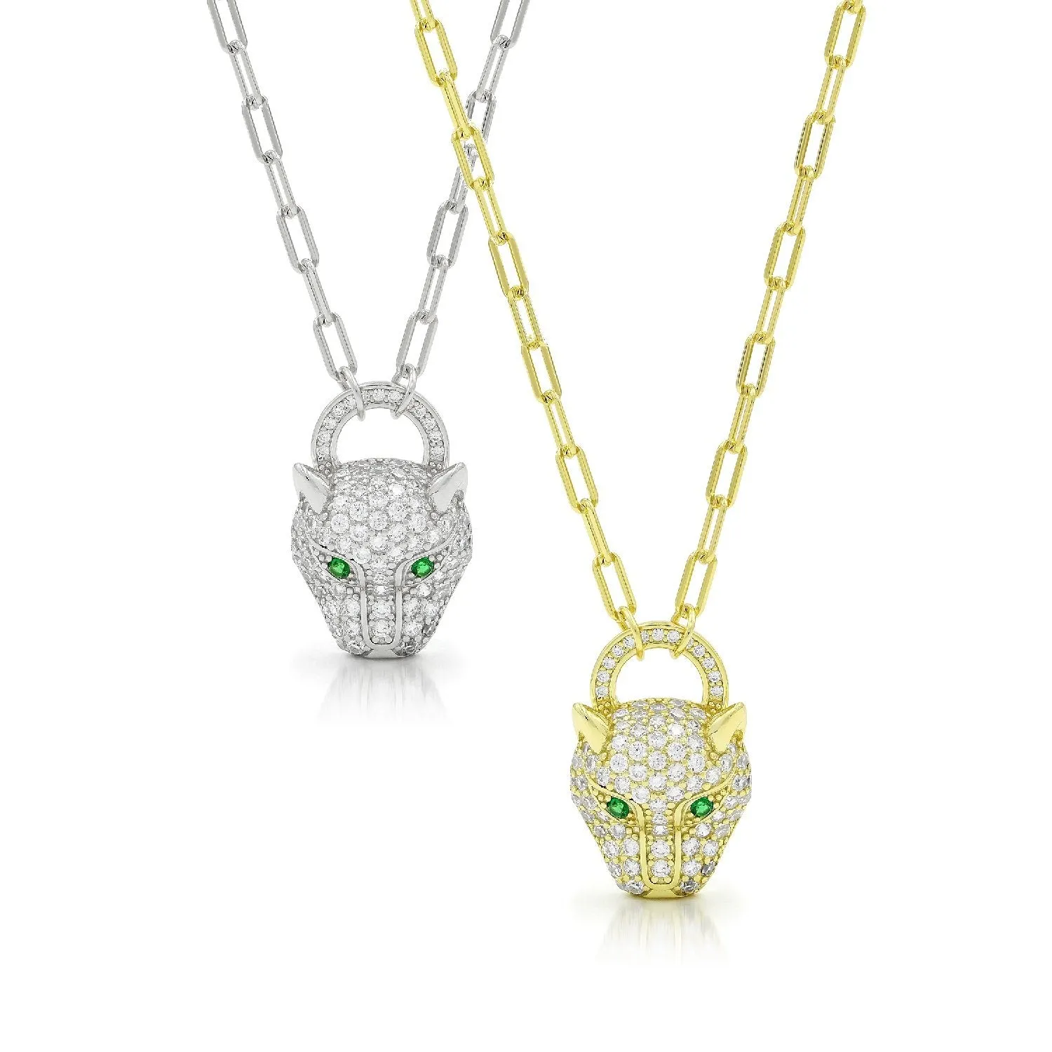 925 Sterling Silver Emerald Eyed Panther Head On Paper Clip Chain Necklace
