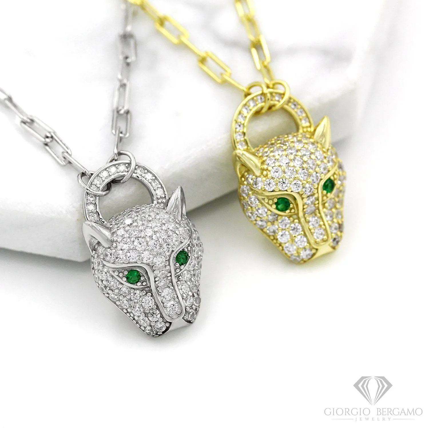 925 Sterling Silver Emerald Eyed Panther Head On Paper Clip Chain Necklace
