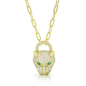 925 Sterling Silver Emerald Eyed Panther Head On Paper Clip Chain Necklace