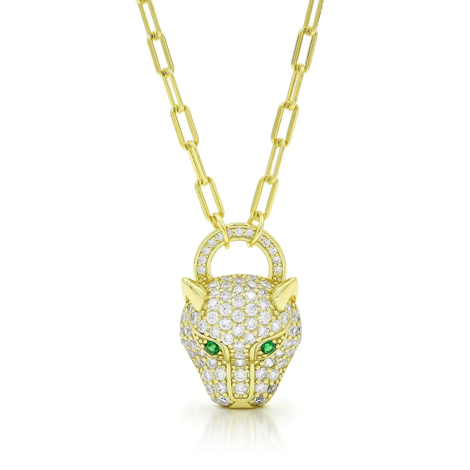 925 Sterling Silver Emerald Eyed Panther Head On Paper Clip Chain Necklace