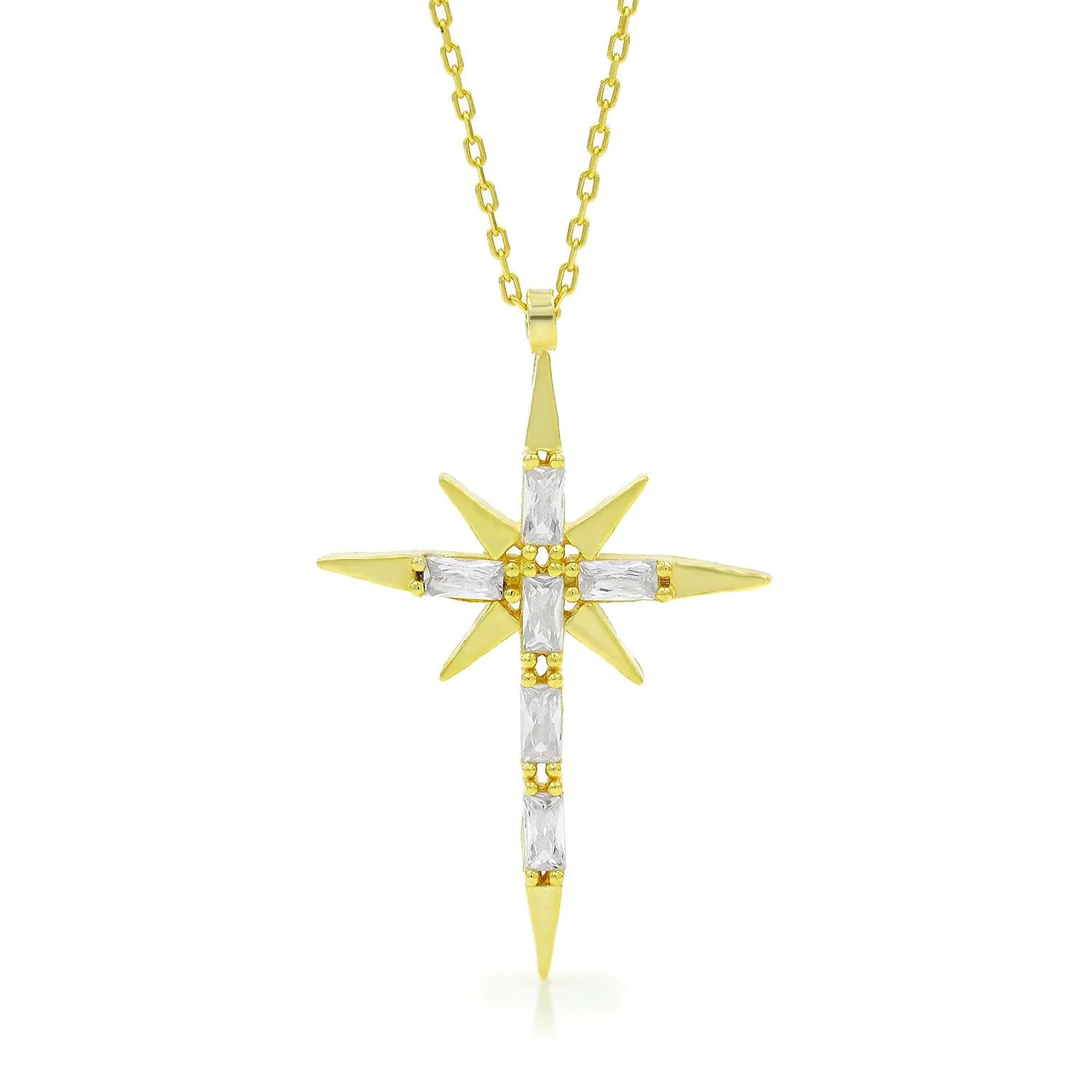 925 Sterling Silver Gold Plated Shining Cross Pendant Necklace