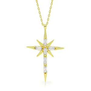 925 Sterling Silver Gold Plated Shining Cross Pendant Necklace