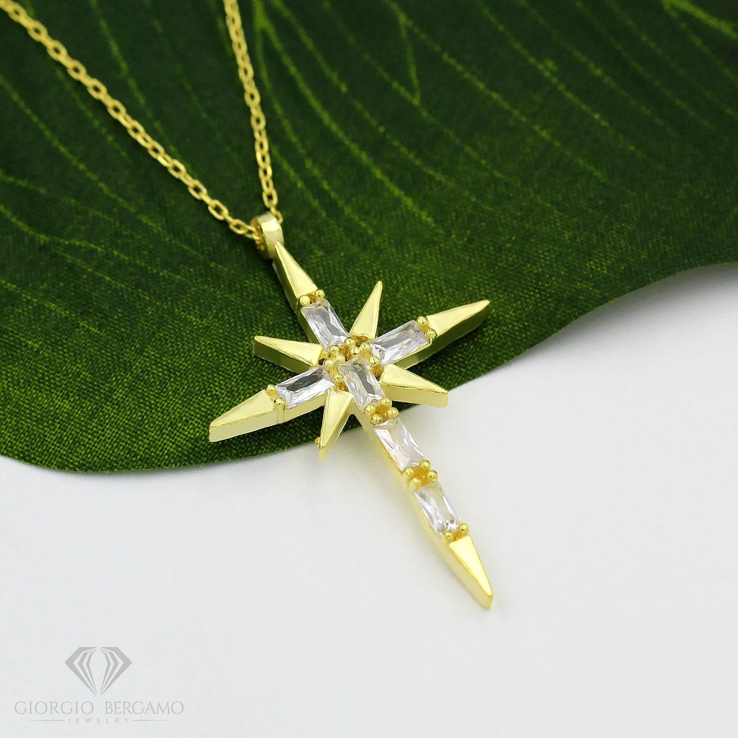 925 Sterling Silver Gold Plated Shining Cross Pendant Necklace