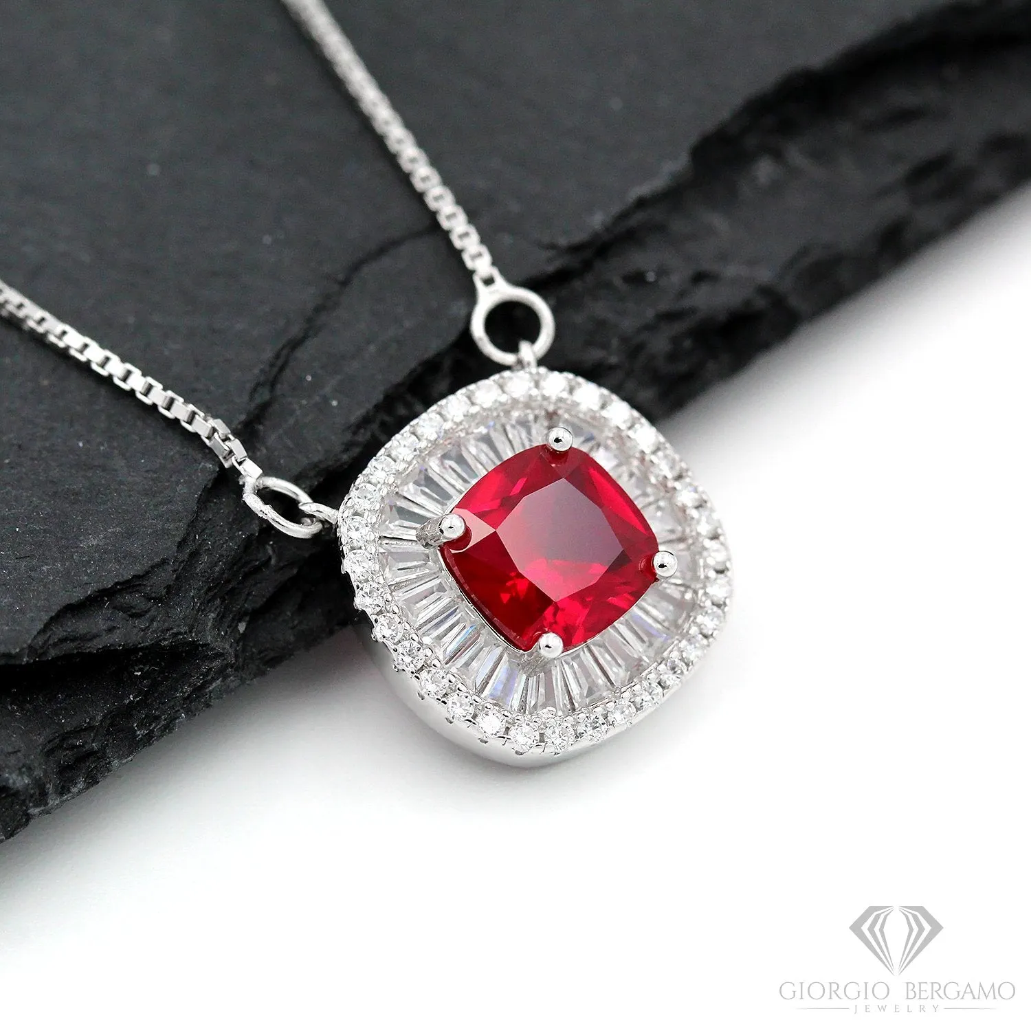 925 Sterling Silver Micro Pave Cushion Cut Simulated Ruby Halo Pendant Necklace