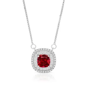 925 Sterling Silver Micro Pave Cushion Cut Simulated Ruby Halo Pendant Necklace