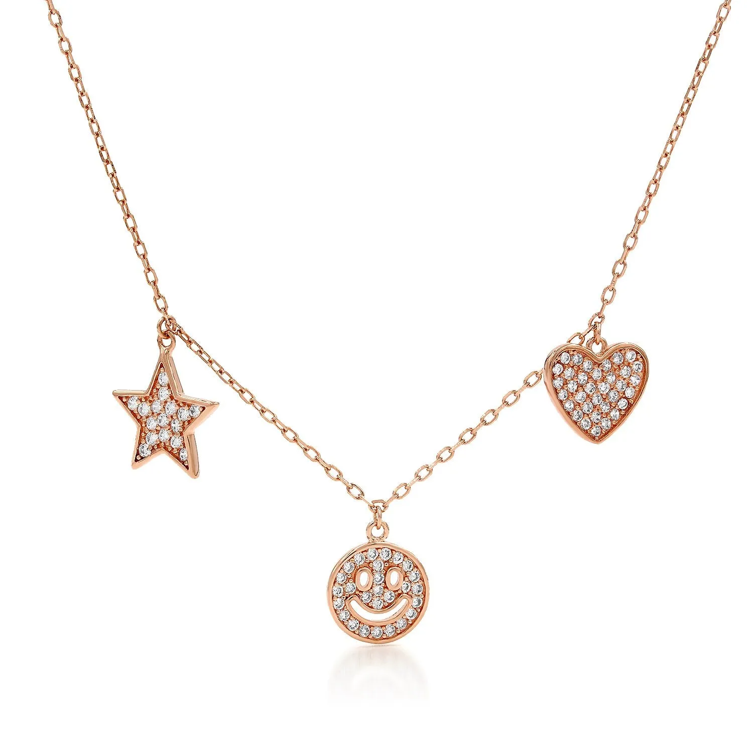 925 Sterling Silver Micro Pave Heart, Emoji, Star, Charm Necklace