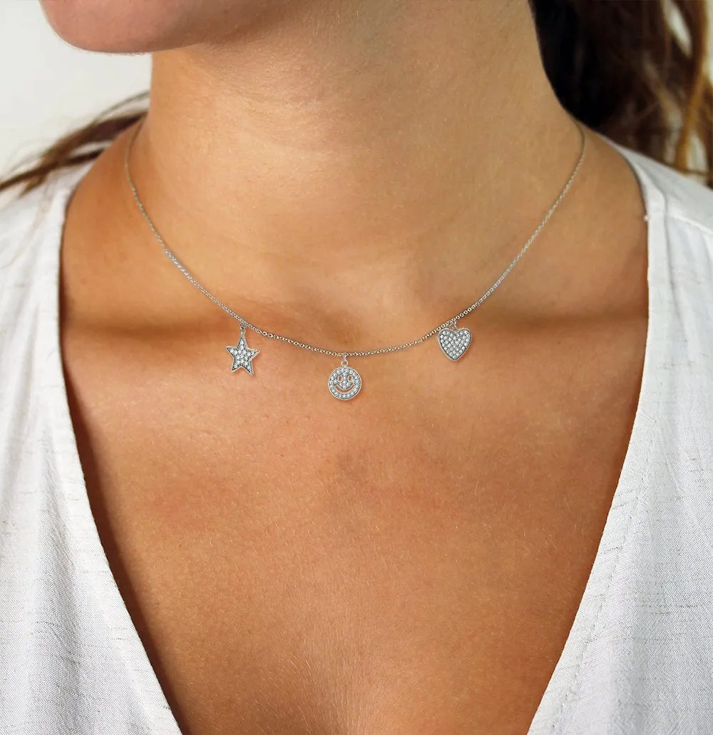 925 Sterling Silver Micro Pave Heart, Emoji, Star, Charm Necklace