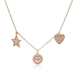 925 Sterling Silver Micro Pave Heart, Emoji, Star, Charm Necklace