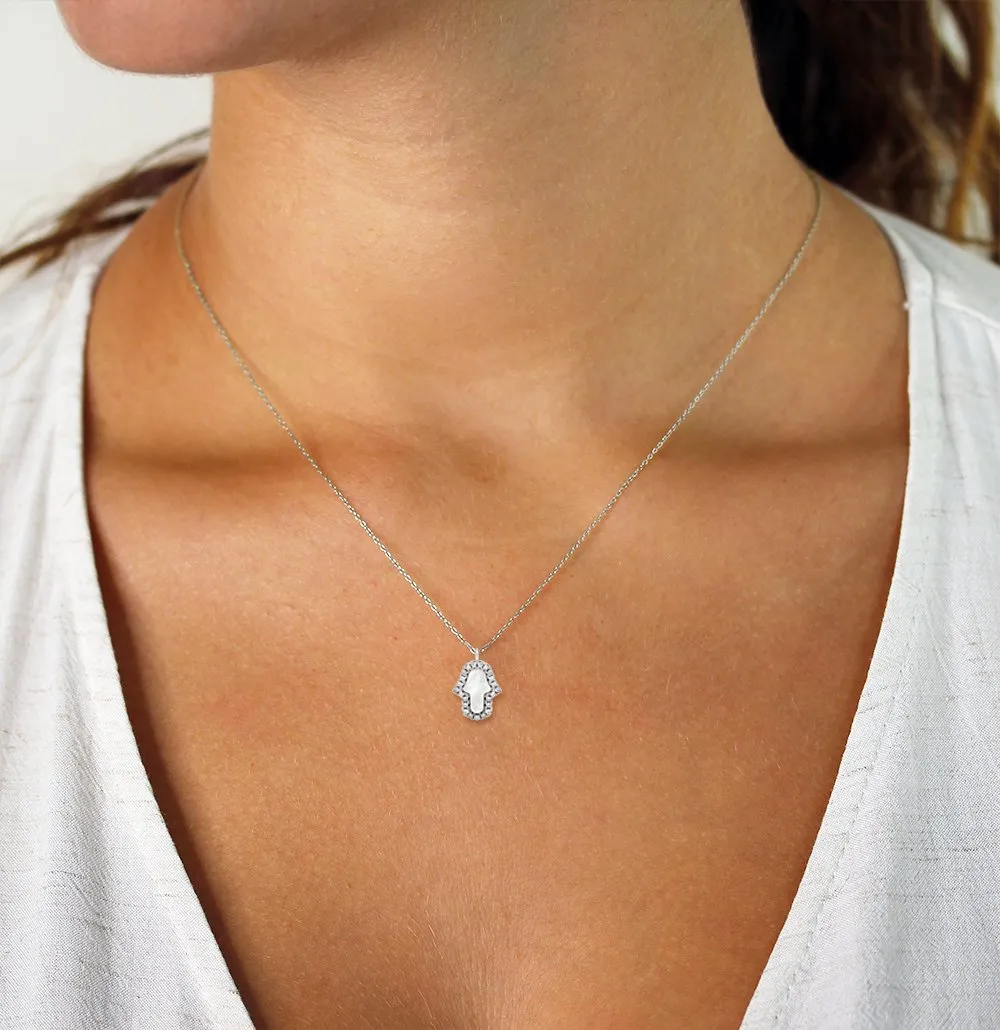 925 Sterling Silver Micro Pave Mother of Pearl Hamsa, Hand of God Minimalist Necklace