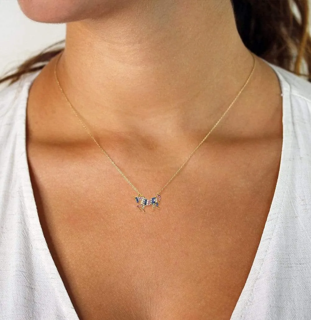 925 Sterling Silver Micro Pave Rainbow CZ Unicorn Necklace