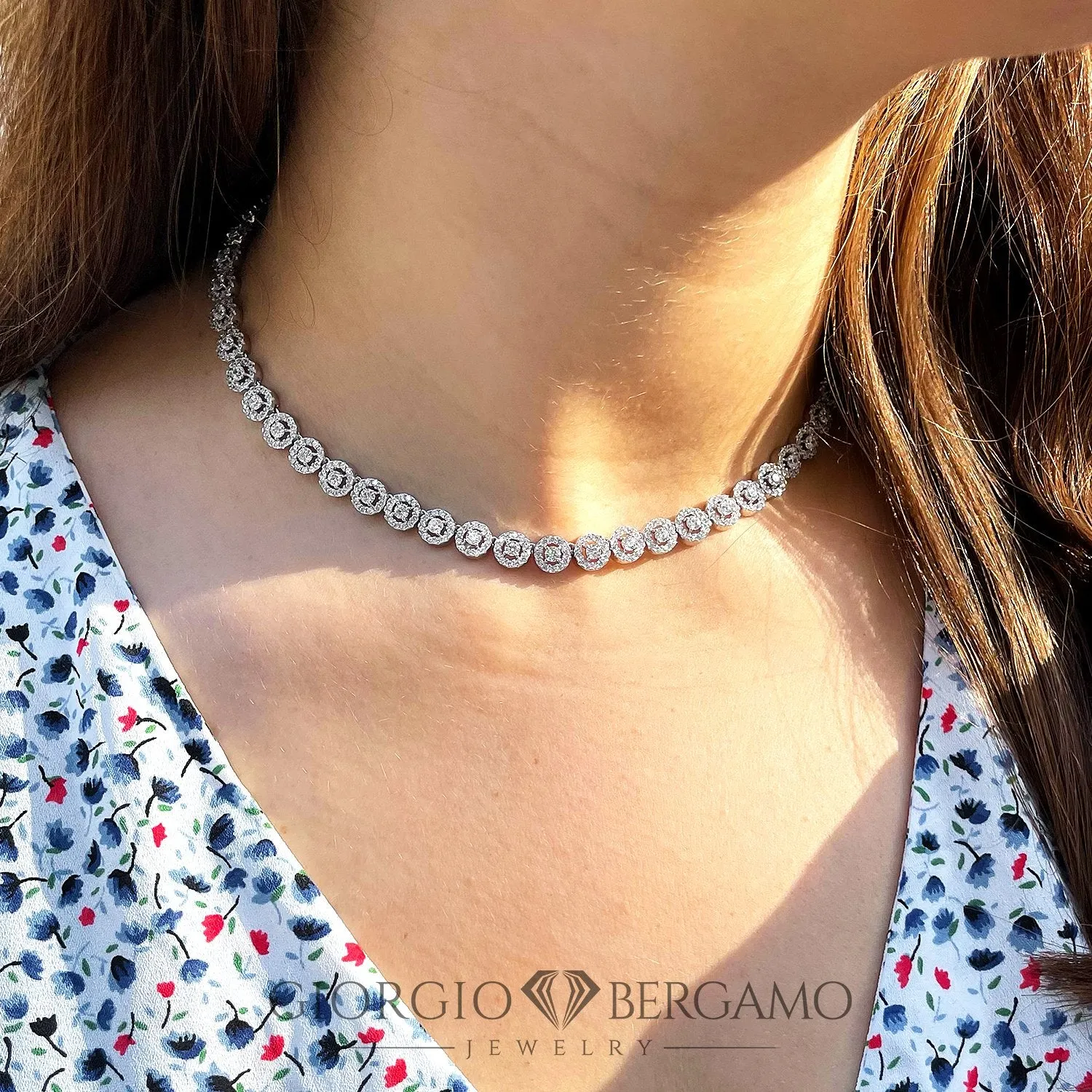 925 Sterling Silver Round Halo Cluster Tennis Necklace