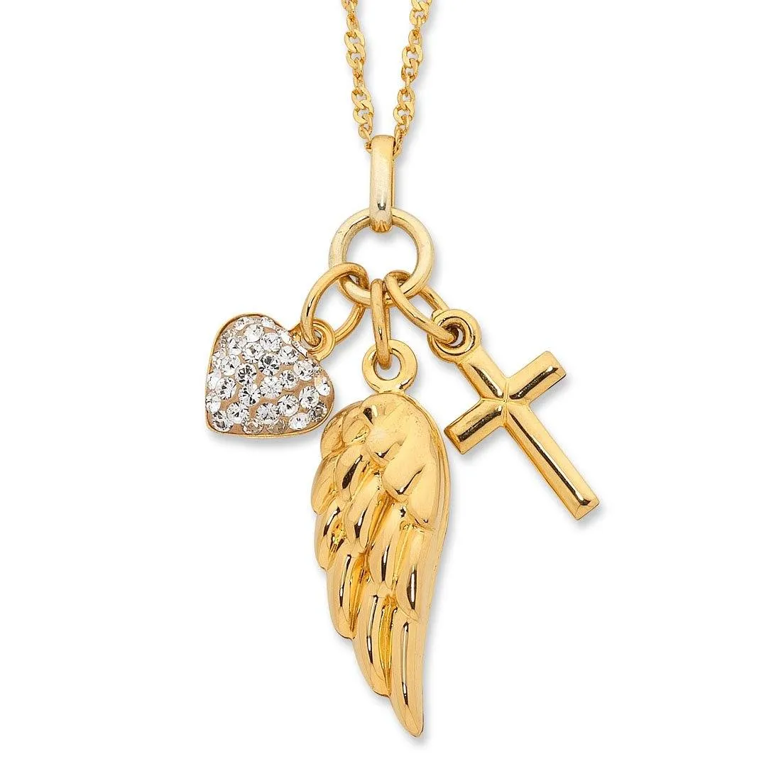 9ct Yellow Gold Silver Infused Heart   Cross   Wing Necklace