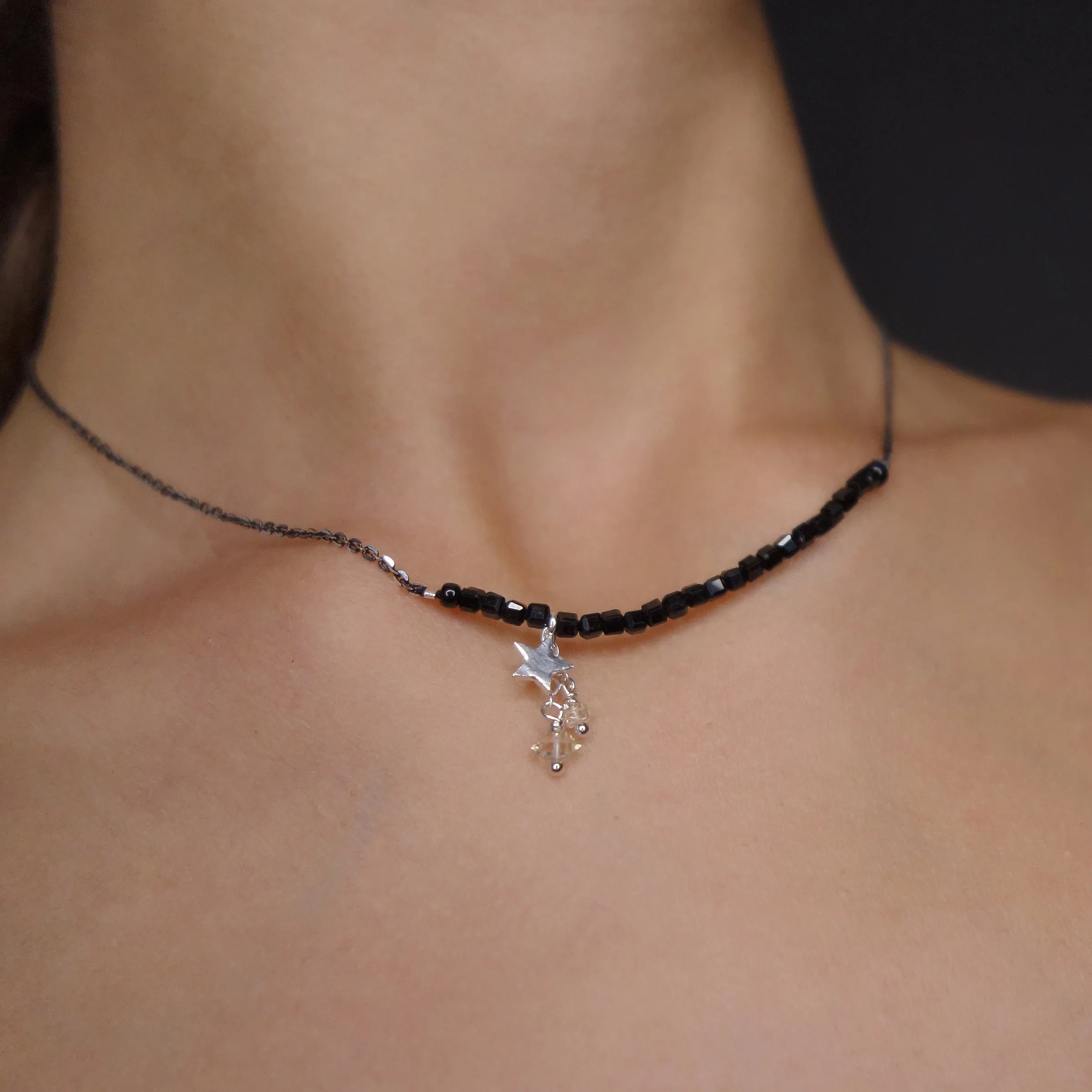 Aastreus Called You a Goddess: cube cut onyx   Herkimer diamond necklace