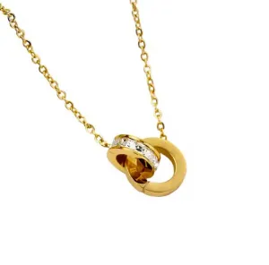 Adjustable 18k Gold Plated Stainless Steel Elegant Double Ring with Cubic Zirconia Stones Charm Necklace  for Women
