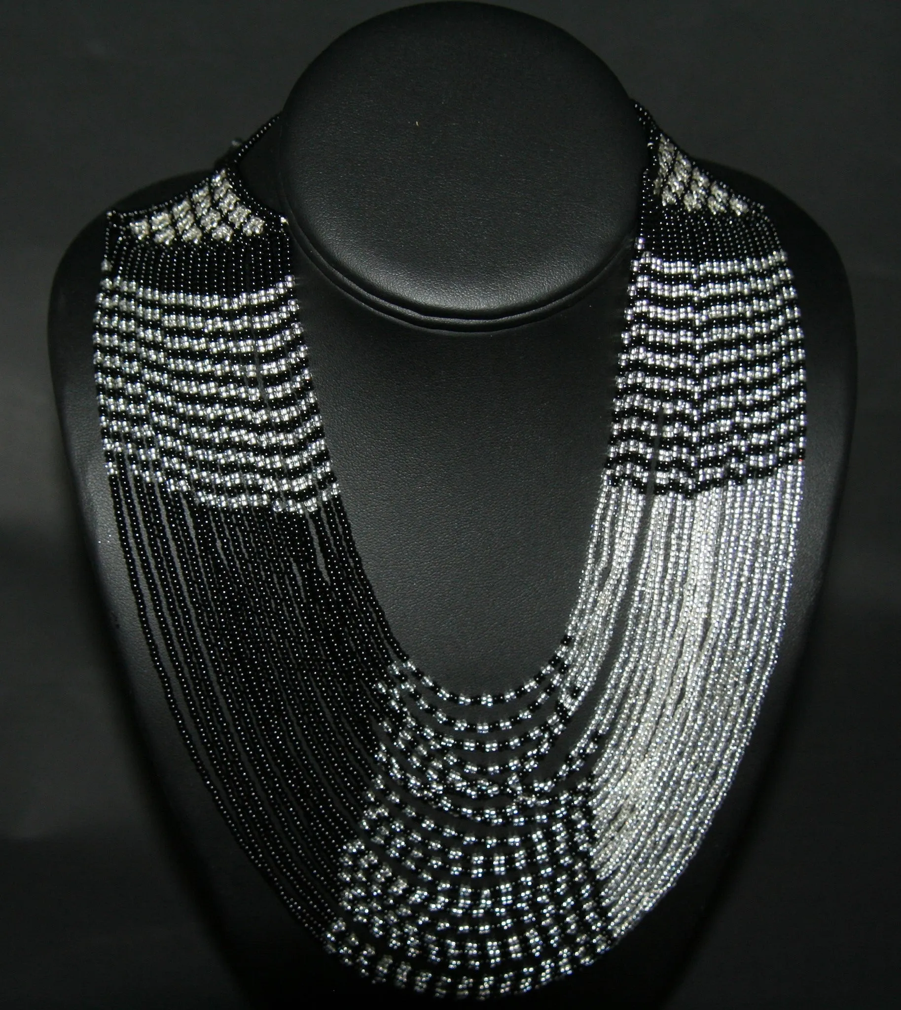 African Tribal Beaded Waterfall Necklace Black and Silver Matching Bracelet