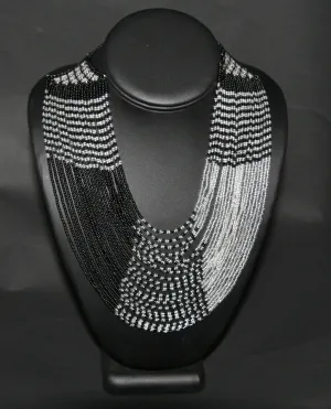African Tribal Beaded Waterfall Necklace Black and Silver Matching Bracelet
