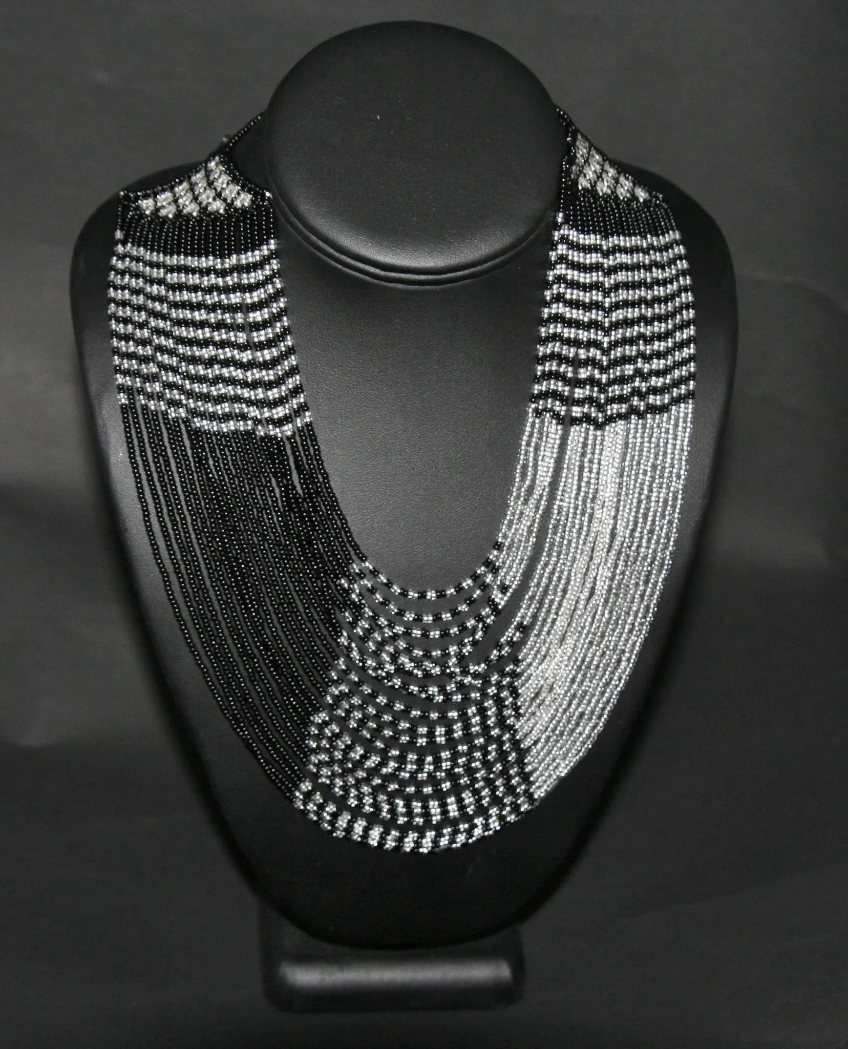 African Tribal Beaded Waterfall Necklace Black and Silver Matching Bracelet