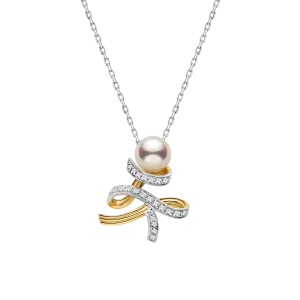 Akoya Pearl 18K Gold Diamonds Two-tone Ribbon Wish Tree Necklace