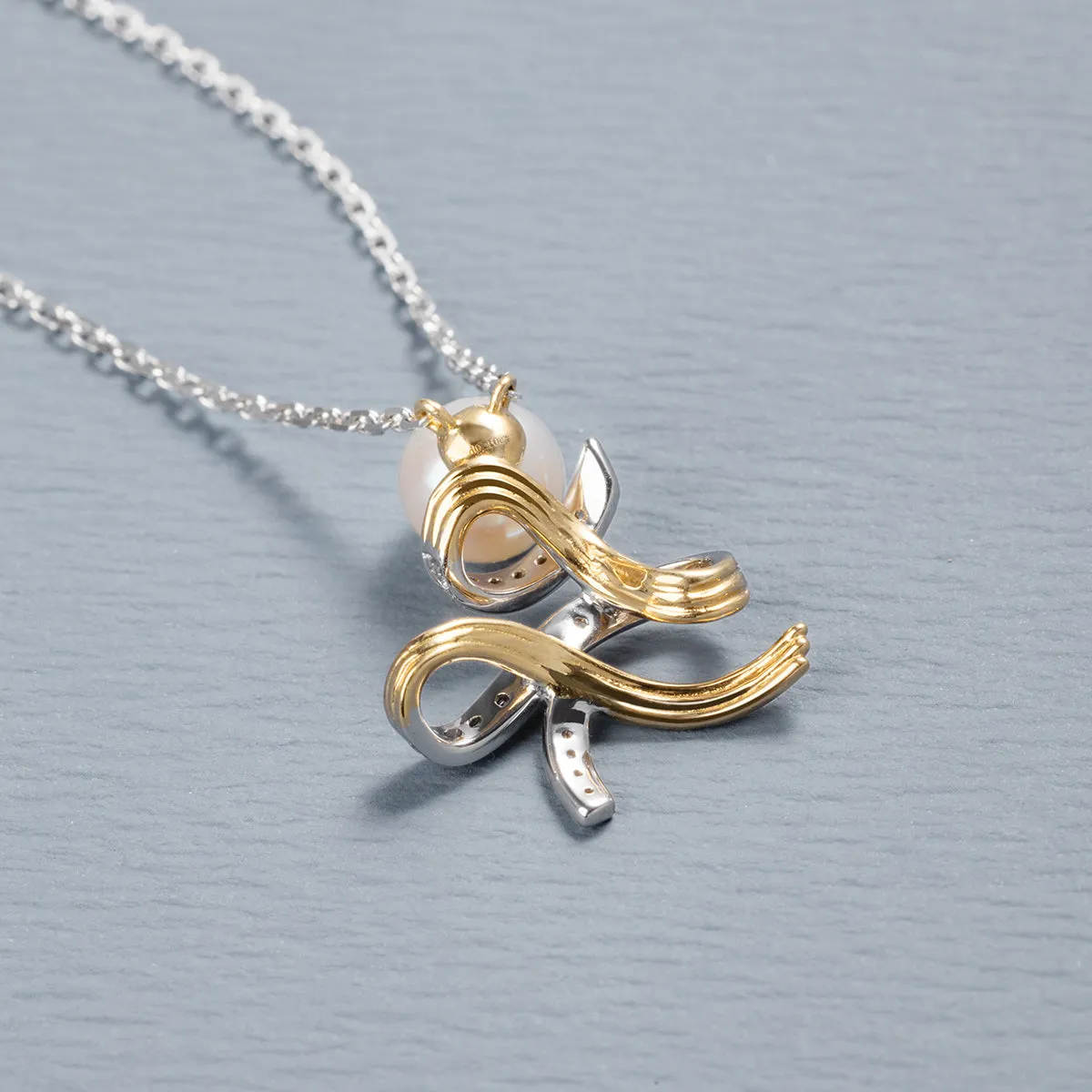 Akoya Pearl 18K Gold Diamonds Two-tone Ribbon Wish Tree Necklace