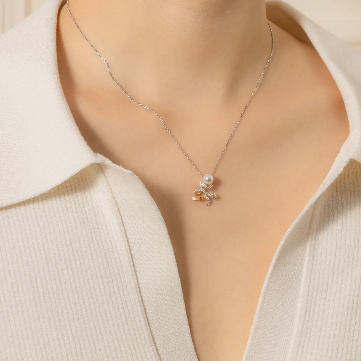 Akoya Pearl 18K Gold Diamonds Two-tone Ribbon Wish Tree Necklace