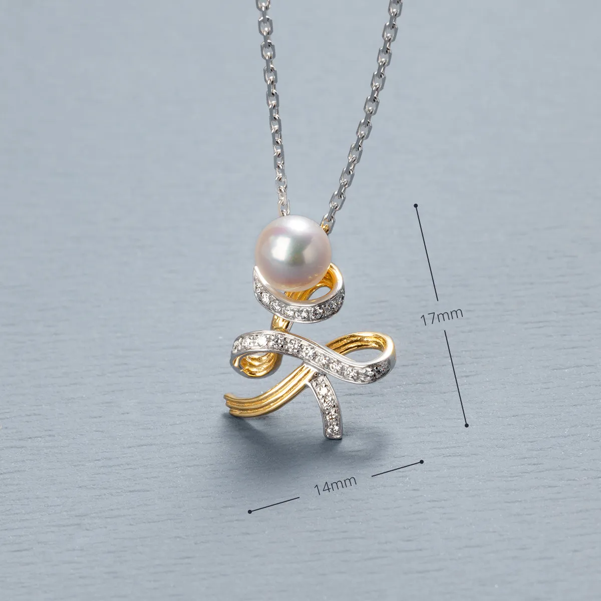 Akoya Pearl 18K Gold Diamonds Two-tone Ribbon Wish Tree Necklace