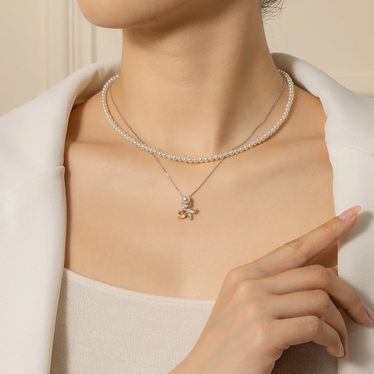 Akoya Pearl 18K Gold Diamonds Two-tone Ribbon Wish Tree Necklace