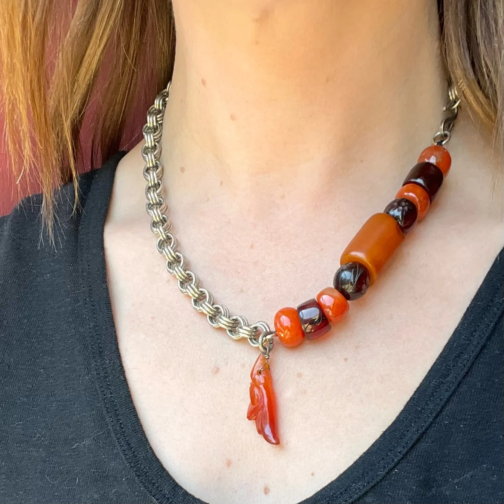 Amber & Carnelian Beads on Silver Chain by Ancient Influences