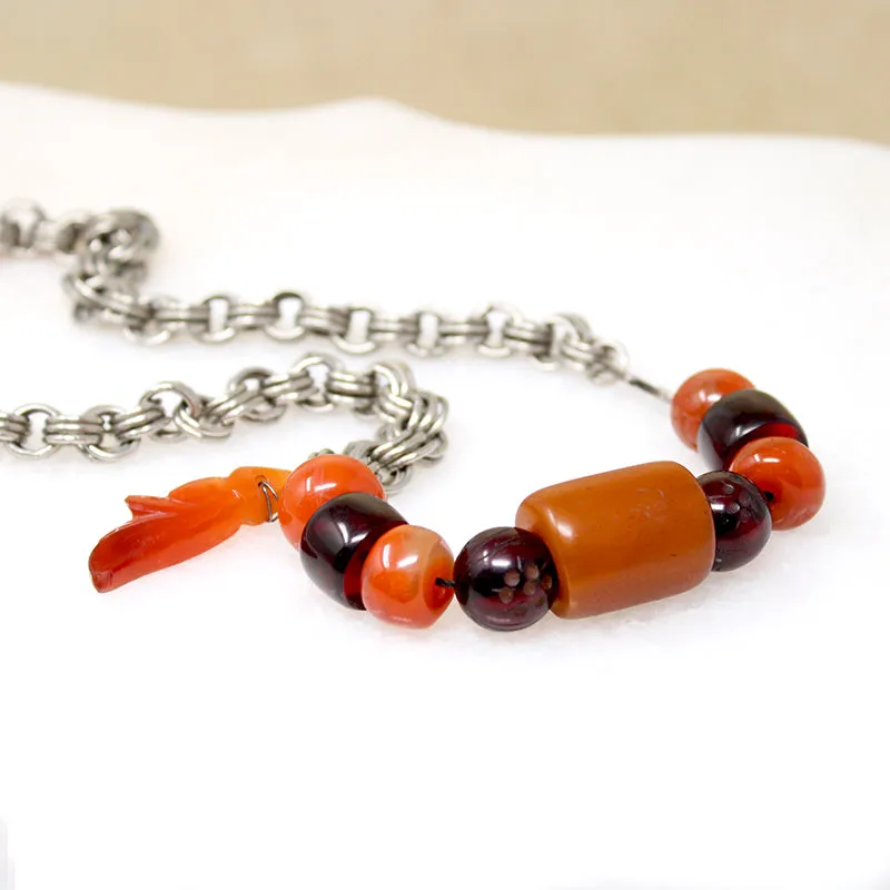 Amber & Carnelian Beads on Silver Chain by Ancient Influences