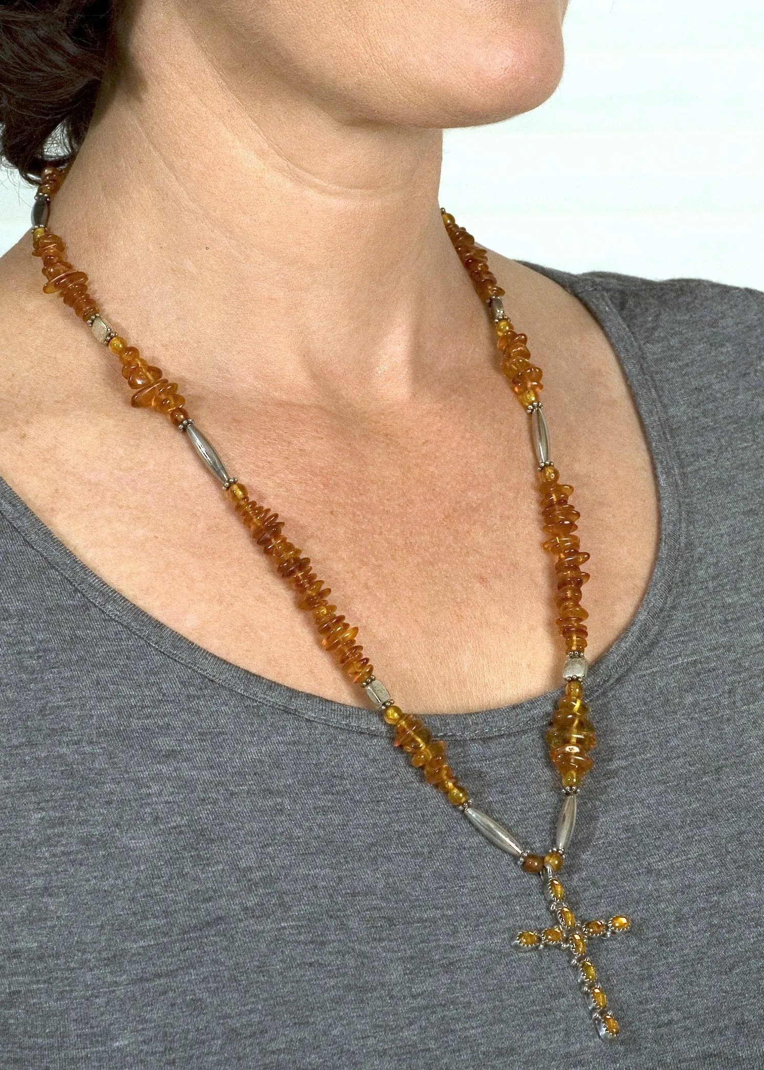 Amber Cross Necklace with Sterling Silver